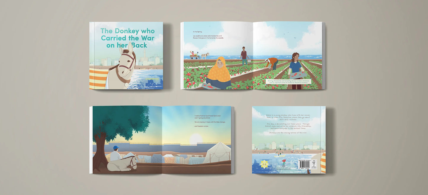 Open book showing illustrations of a donkey and a child on a beach.