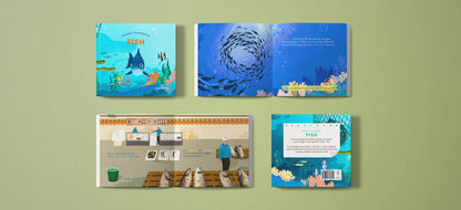 Educational booklets on a green background