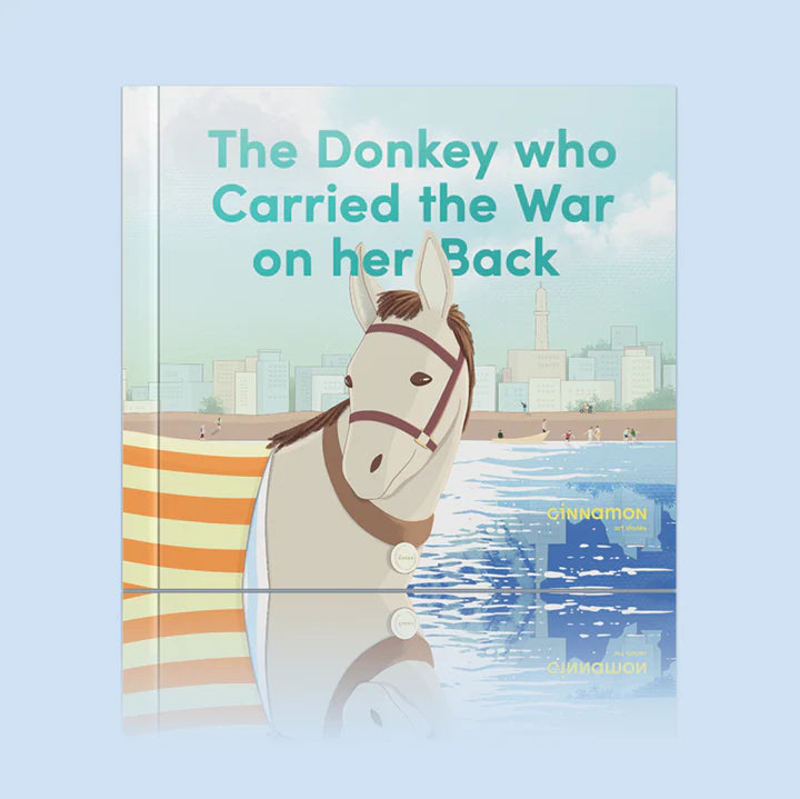 Book cover of 'The Donkey who Carried the War on her Back' with a donkey illustration against a cityscape.
