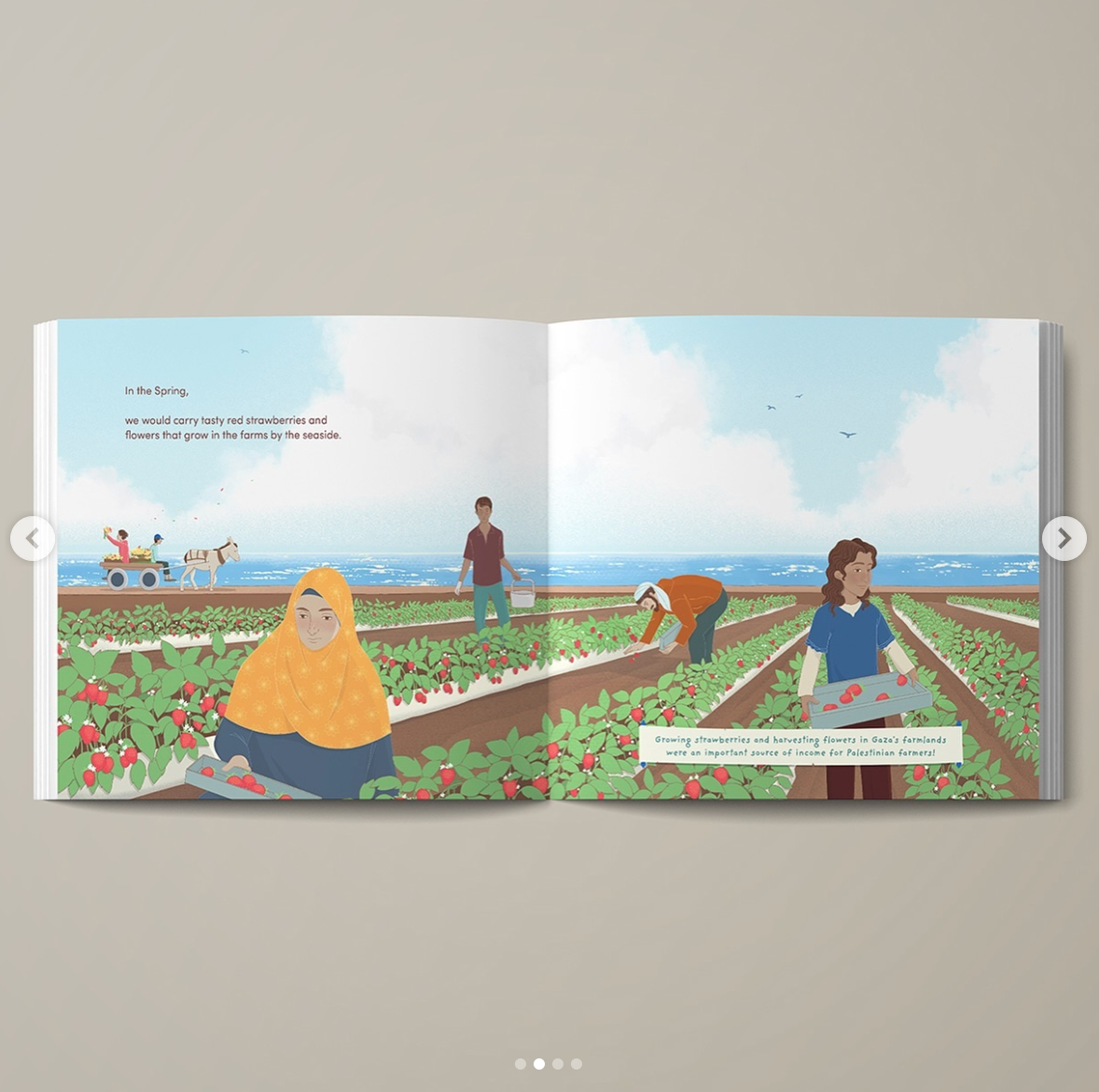 Open book showing illustrations of people working in a garden with a scenic background.
