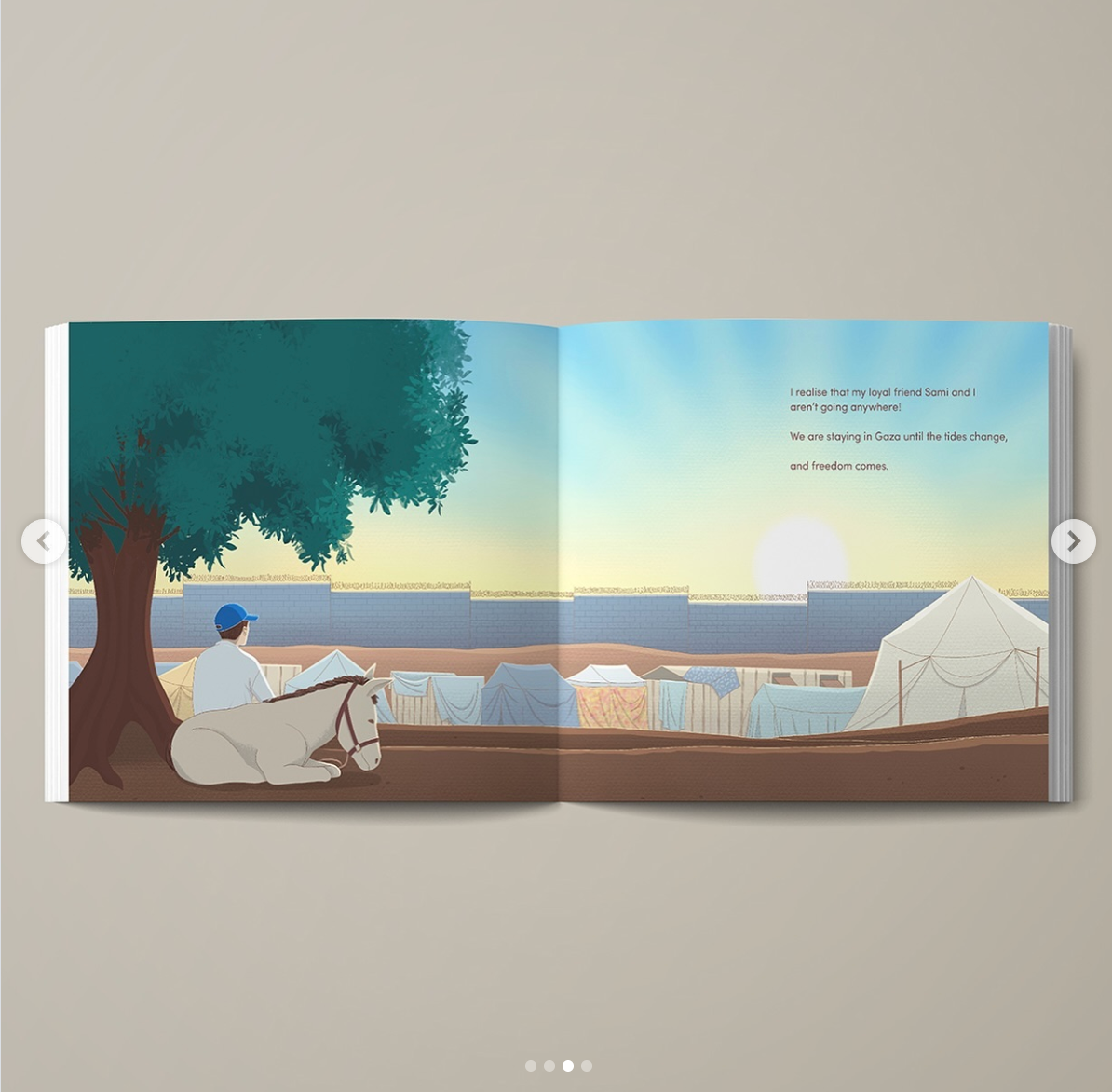 Open book showing a scene with a person and horse by a lake, with text on a beige background.