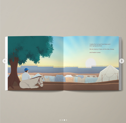 Open book showing a scene with a person and horse by a lake, with text on a beige background.